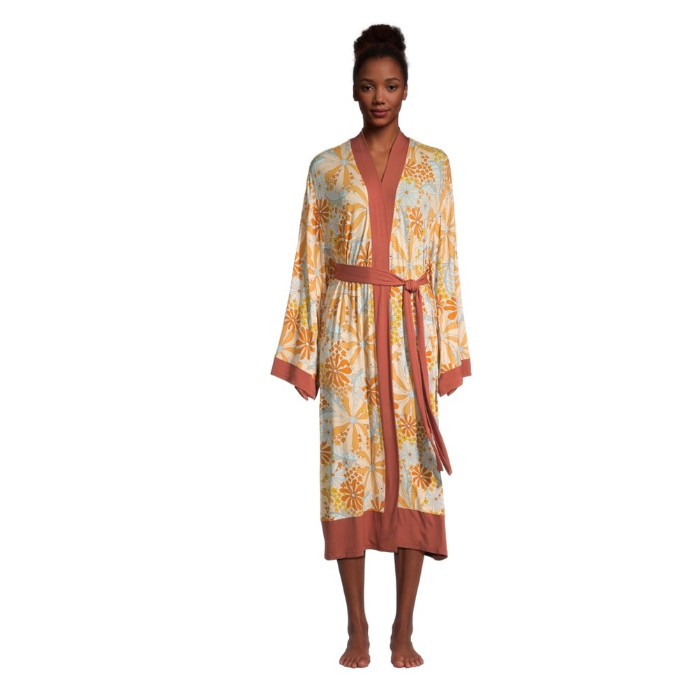 World Market Floral Kimono Robe in Yellow & Rust